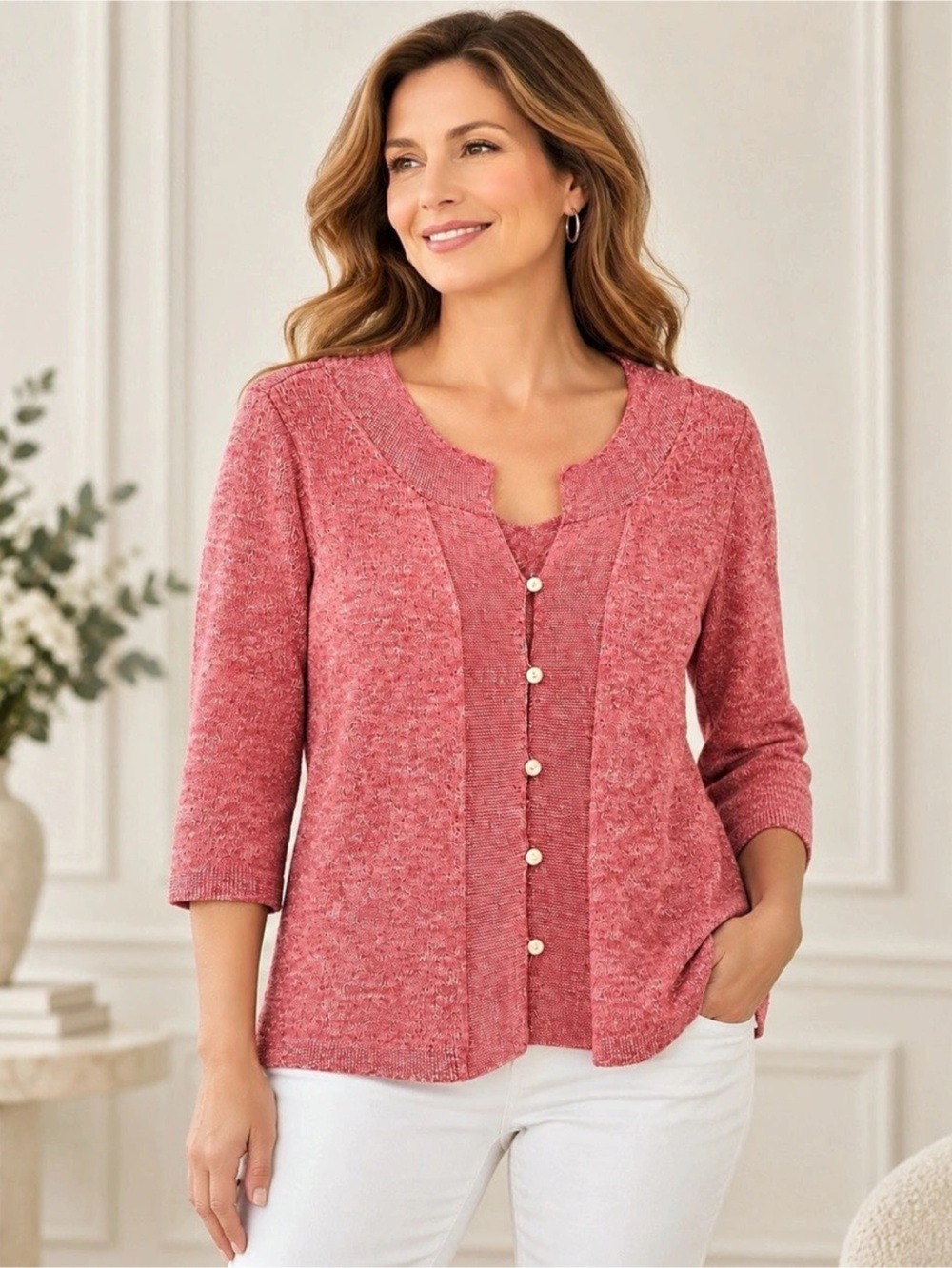 J Jill Women's Red 3/4 Sleeve Button Front Knit Cardigan Top